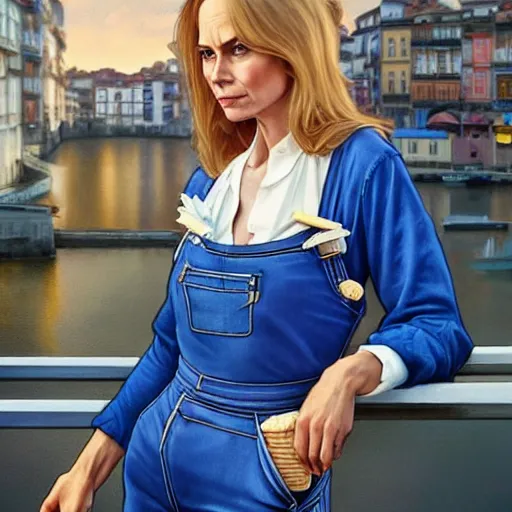 Image similar to a blonde fuller figured middle aged barbara bach from the bond film wearing blue dungarees and eating ice creams in porto, real life skin, intricate, elegant, highly detailed, artstation, concept art, smooth, sharp focus, art by artgerm and greg rutkowski and alphonse mucha