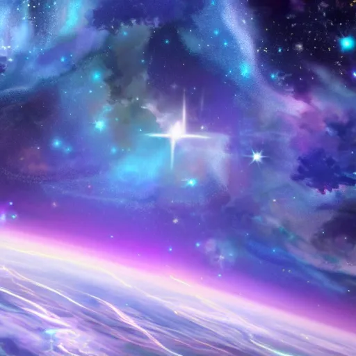 Image similar to anime style hd wallpaper of outer space horizon, glittering stars scattered about, lilac colors