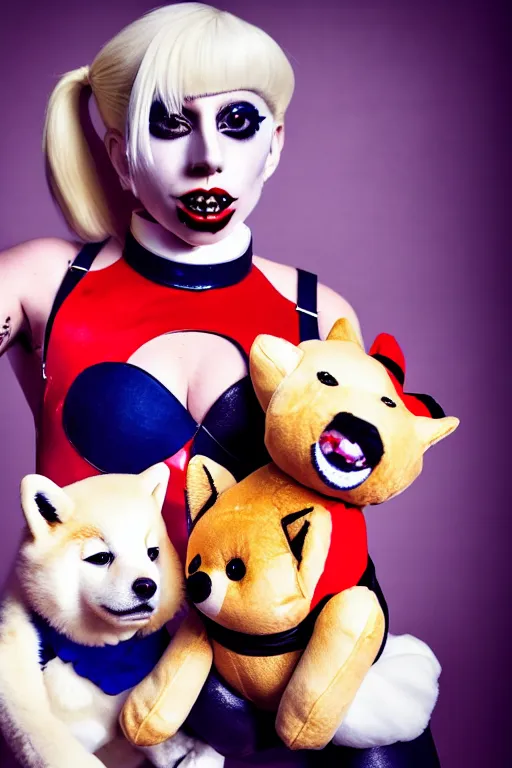 Image similar to lady gaga dressed as harley quinn attacked by plush shiba inu, plush toy, luxury materials, symmetrical, cinematic, elegant, professional studio light, real dlsr photography, sharp focus, 4 k, ultra hd, sense of awe, high fashion