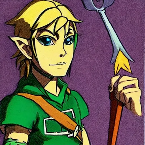 Prompt: “portrait of grown up Link from The Legend of Zelda a Link to The Past. Art by Morman Rockwell (1965)”