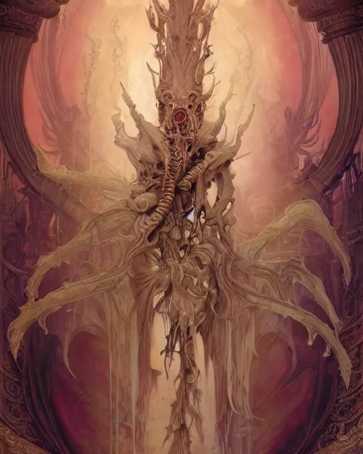 Image similar to detailed front view of a dead rotten daemon growing ornate baroque, ornamentation, elegant, beautifully soft lit, by wayne barlowe, peter mohrbacher, kelly mckernan