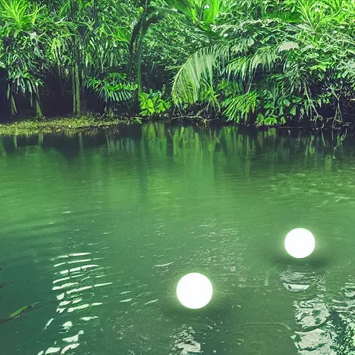 Prompt: photo of 3 glowing orbs floating above the water in a pond surrounded by a lush jungle