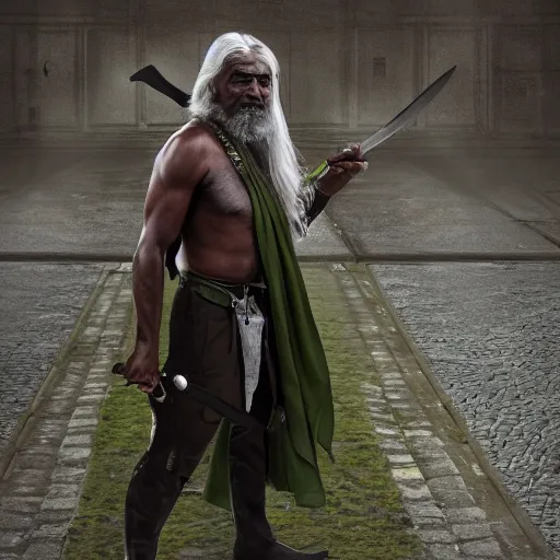 Prompt: a photo of a man with dark green skin and long silver hair, his eyes are powerfully glowing red, he is in commoners clothes standing on a cobblestone platform, he has a shortbow strapped to his back and he is holding a short sword in one hand, trending on artstation, digital artwork, cinematic lighting, 4K, very full detail, amazing artwork, trending on Behance award-winning art