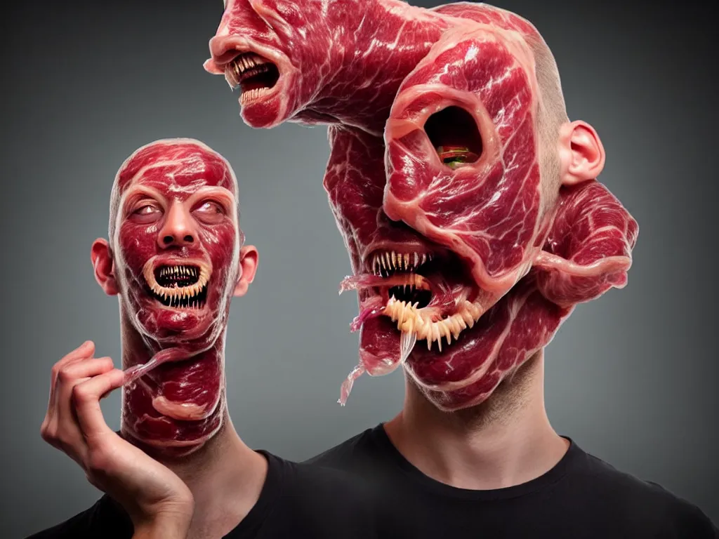 Image similar to a perfect colour horrifying portrait photograph of a man with 7 3 eyes. tubes emerging from his nostrils and mouth. head expanded to a perfect cube, covered in translucent beef. perfect focus, studio lighting, gallery setting. inspired by chinese nuclear weapon launching