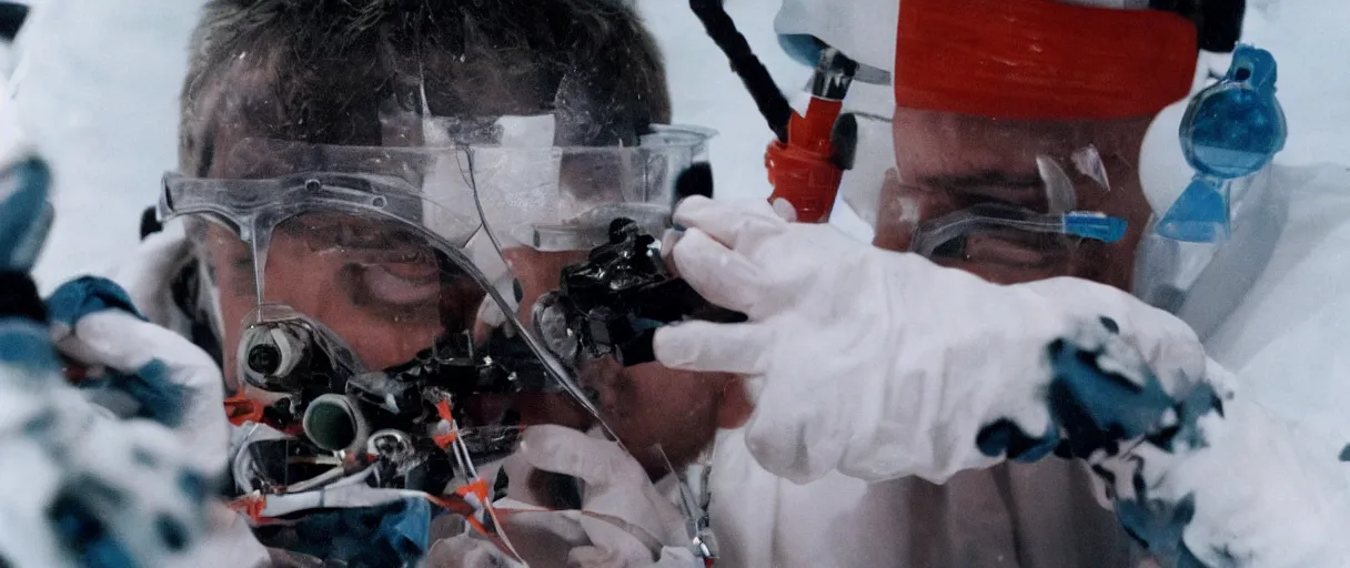 Image similar to filmic extreme close up shot movie still 4 k uhd interior 3 5 mm film color photograph of a scientist putting his hands into the mouth of a camouflaged solder in a lab in antarctica