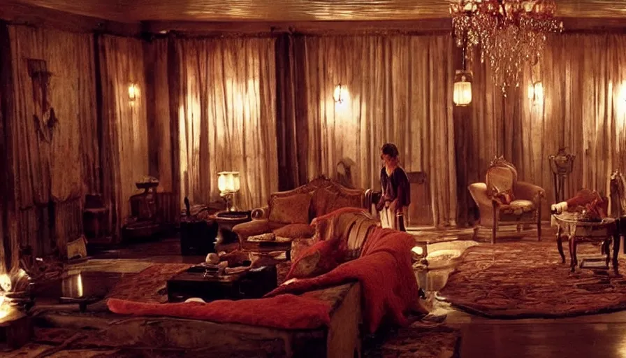 Image similar to movie still of beautiful interior, beautiful lighting, cinematography