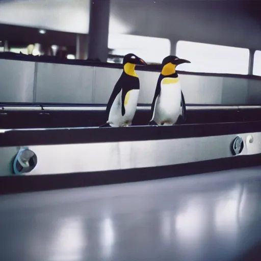 Prompt: two penguins in airport baggage claim area, conveyor belt. ektachrome,