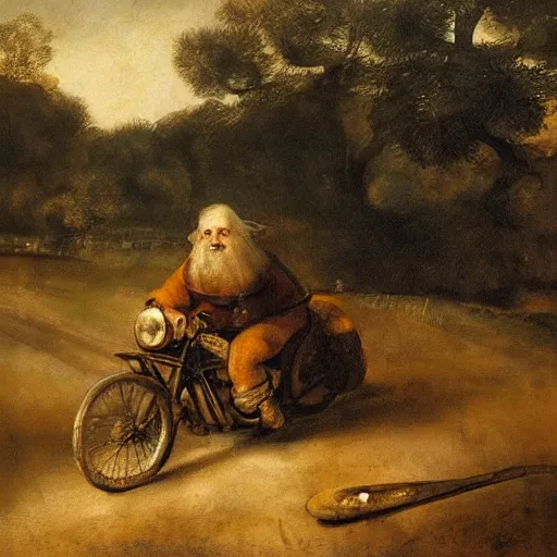 Prompt: a hobbit wearing flip flops driving a motorcycle in a farm, painting by rembrandt, vintage