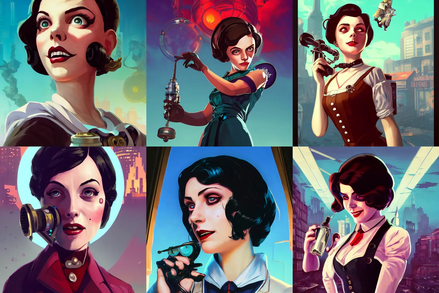 Prompt: elizabeth from bioshock close - up, gta 5 cover art, borderlands style, celshading, trending on artstation, by rhads, andreas rocha, rossdraws, makoto shinkai, laurie greasley, lois van baarle, ilya kuvshinov and greg rutkowski