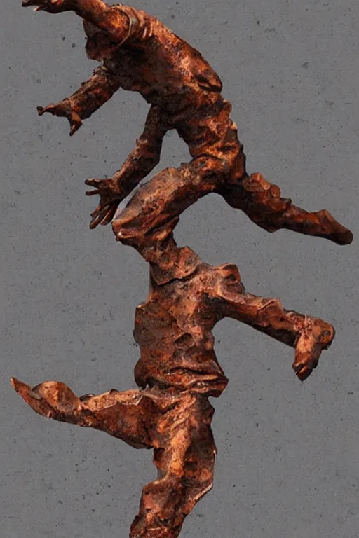 Image similar to a beautiful metal rust realistic sculpture of a cosmonaut falling into the abyss by louis sullivan, dark background