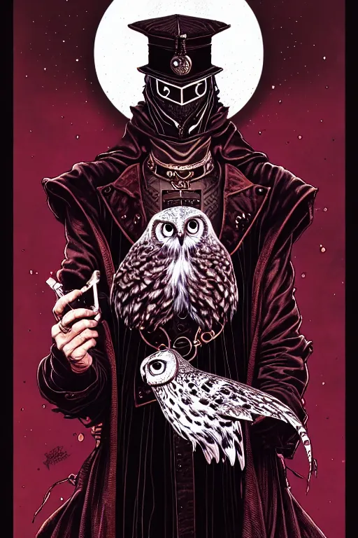Image similar to a majestic steampunk alchemists cloaked wizard holding his pet owl, high details, bold line art, by vincent di fate and joe fenton, inking, etching, screen print, masterpiece, trending on artstation, sharp, high contrast, hyper - detailed,, hd, 4 k, 8 k
