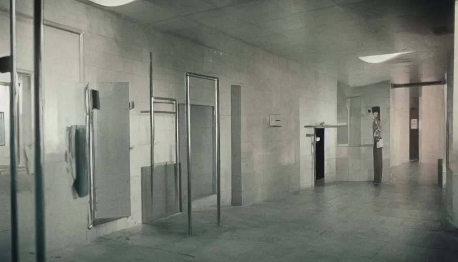 Image similar to 60s movie still of a sovietic stalinist style empty Infinite public shower, cinestill 800t 50mm eastmancolor, liminal Space style, heavy grain-s 150