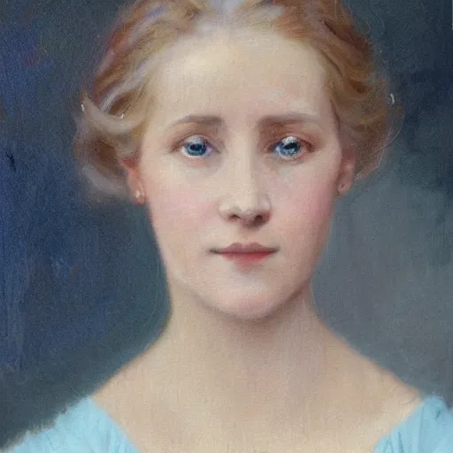 Image similar to portrait painting of a lady in a light blue dress 1 9 0 0 s entire face shown in great detail, looking at the camera, blonde hair, garden, photorealistic, extreme detail, sharp focus, 8 k, intricate, hyper detailed, realistic, cinematic lighting