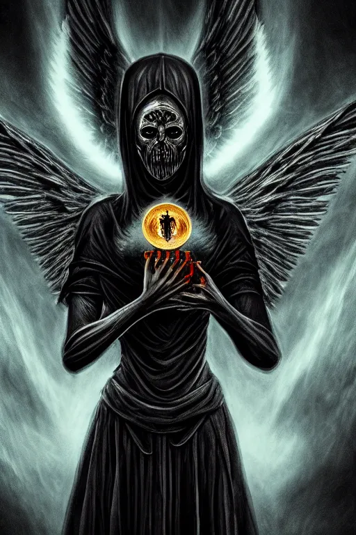 Image similar to dark angel holding a book of necronomicon, tarot card, symmetrical, cinematic, sharp focus, 4 k, ultra hd, sense of awe, sinister demonic atmosphere, dreadful, forbidden knowledge, old gods. demonology