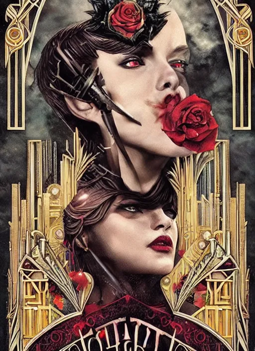 Image similar to tarot card :: horror :: vampires and draculas :: the great gatsby :: hearts and roses :: gold and silver :: guns and swords :: side profile :: highly details :: intricate details :: Sandra Chevrier and bastien lecouffe deharme