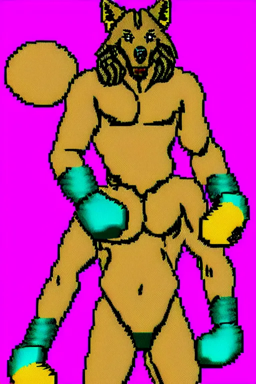 Prompt: full body shot antropomorphic muscular masculine wolf. kickboxer. wolf head. furr on body. 8 bit nes graphics. 1 6 color palitre. vaporwave futuristic 8 0's