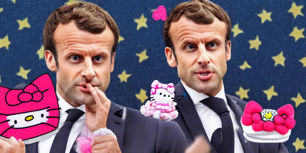 Prompt: picture of emmanuel macron dressed in a hello kitty pajamas on a toilet, photorealistic, higly detailed, 8 k