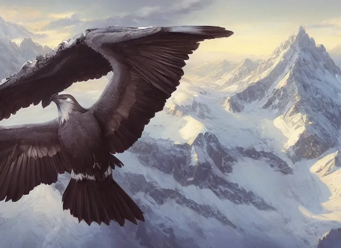 Prompt: A great majestic bird soars above a snowy mountain, by Mandy Jurgens, Artgerm, intricate, elegant, digital painting