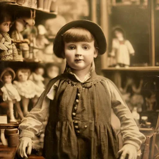 Image similar to close up portrait of a victorian human child standing in a doll maker's shop looking at all of the dolls, 8 k, soft lighting, highly detailed realistic, face in focus 1 8 9 0's