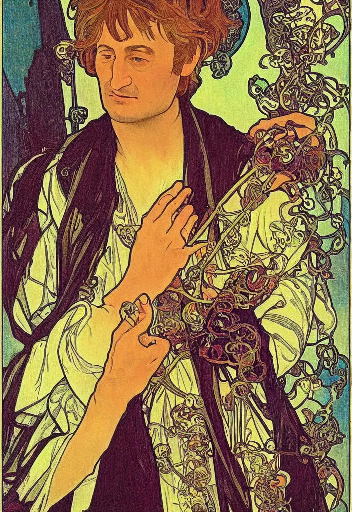 Image similar to Geoffrey Hinton portrayed on a tarot card, tarot in art style by Alphonse Mucha