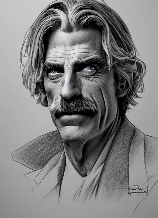 Prompt: hyperrealist pencil sketch of sam elliott as dracula by david malan and alphonse mucha, fantasy art, pencil hatching, dynamic lighting, artstation, poster, volumetric lighting, very detailed faces, 4 k, award winning