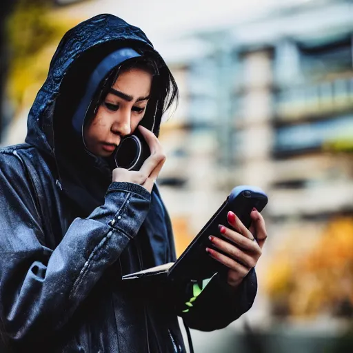 Image similar to candid photographic portrait of a poor techwear mixed young woman using a phone inside a dystopian city, closeup, beautiful garden terraces in the background, sigma 85mm f/1.4, 4k, depth of field, high resolution, 4k, 8k, hd, full color