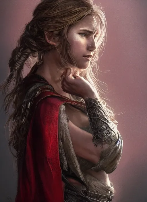 Image similar to vertical portrait of a ruggedly handsome female cleric, soft hair, close - up face, leather, witchy, d & d, fantasy, intricate, elegant, highly detailed, digital painting, artstation, concept art, smooth, sharp focus, illustration, art by artgerm and greg rutkowski and alphonse mucha, plain red background