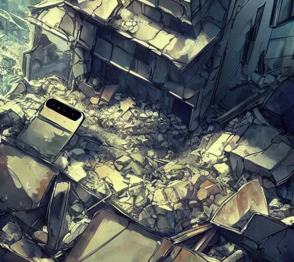 Image similar to an iPhone smartphone in the rubble, ruins. Anime, Makoto Shinkai