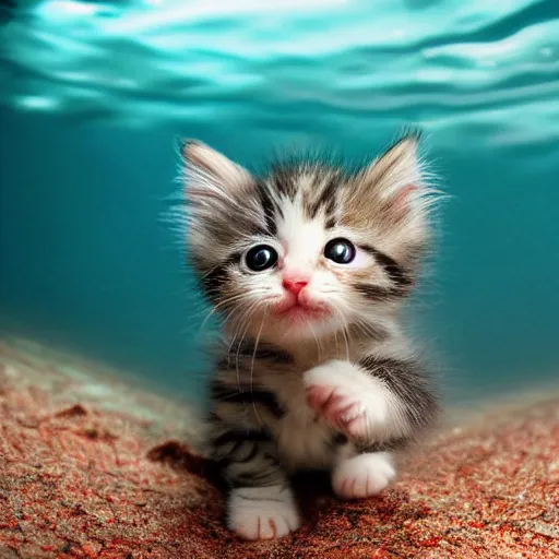Prompt: a cute baby kitten swimming underwater trying to catch a fish, (((water bubbles))), award-winning photograph, national geographic, 8K UHD