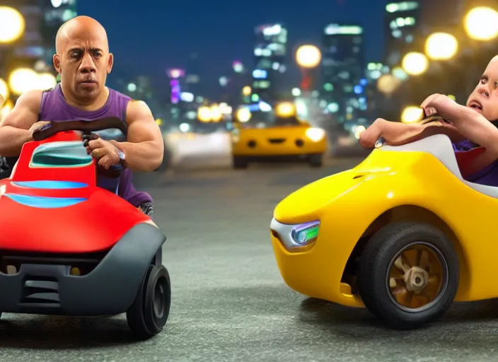 Image similar to peter dinklage racing vin diesel driving a little tikes cozy coupe cars at night tokyo, movie still, from the new fast and furious movie, 8 k, realistic