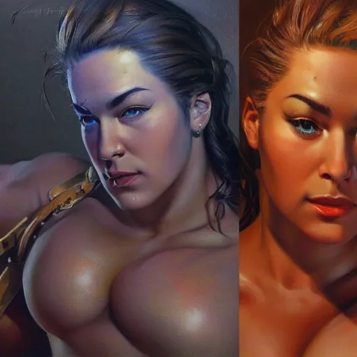 Image similar to detailed portrait of zarya from overwatch, intricate, hyper detailed, realistic, oil painting, by julie bell, frank frazetta, cinematic lighting