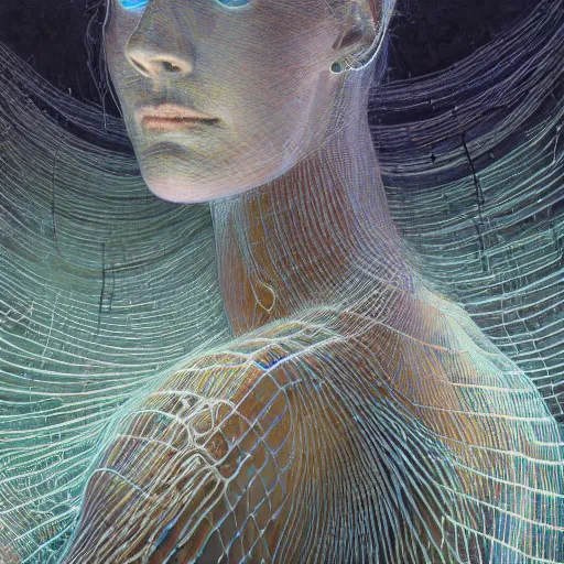 Image similar to portrait of a woman, covered in transparent cloth, glowing streaks of light, plastic, glowing eyes, flat background, Masterpiece, glowing, wires everywhere, by Edgar Maxence and Ross Tran, Zdzisław Beksiński, and Michael Whelan, distant, gustav dore, H.R. Giger, 8k, octane render