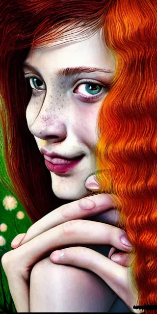 Image similar to young woman, smiling, amazed by golden fireflies lights, sitting in the midst of nature fully covered, long loose red hair, intricate linework, green eyes, small nose with freckles, oval shape face, realistic, expressive emotions, dramatic lights, spiritual scene, hyper realistic ultrafine art by cecco del caravaggio and albert bierstadt and artgerm