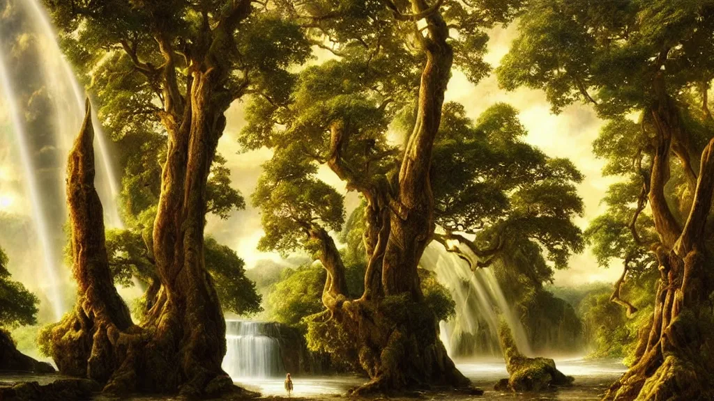 Prompt: the most beautiful panoramic landscape, oil painting, a waterfall creates a rainbow, huge and ancient trees, cinematic lighting, highly detailed, very realistic