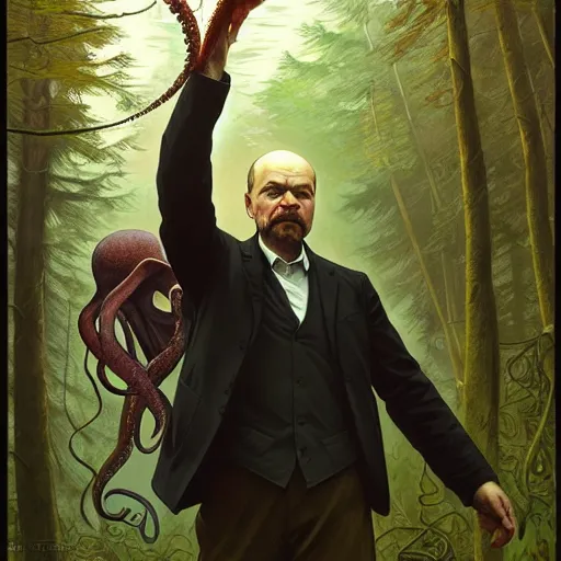 Prompt: photo of vladimir lenin is an octopus in the forest, highly detailed, digital painting, artstation, smooth, sharp focus, illustration, art by artgerm and greg rutkowski and alphonse mucha