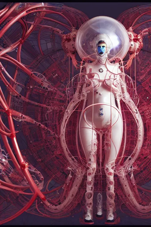 Image similar to background space station, red baroque inflateble dress iris van herpen positing on floor, helmet instead of a head, perfect symmetrical, full body shot, inflateble shapes, wires, tubes, veins, jellyfish, white biomechanical details, wearing epic bionic implants, masterpiece, intricate, biopunk, vogue, highly detailed, artstation, concept art