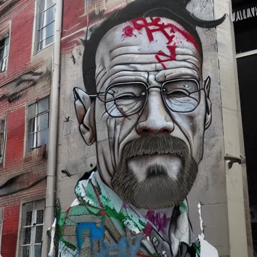 Image similar to Gigachad Muscular Walter White Flexing, Urban Graffiti Banksy, Bordalo, trending on artstation