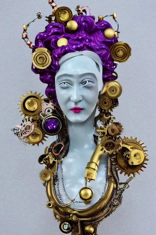 Image similar to full-body porcelain rococo futuristic style sculpture of a young beautiful goddess as a half-robot wearing retro shades, red lips, mechanical eyes, leaking glowing neon radioactive liquid, electric sparks, glowing violet laser beam eyes, crown of giant diamonds, gold chain steampunk necklace, flowing purple satin, luminescent fabrics, mechanical roses. baroque and steampunk elements. full-length view. baroque element. intricate artwork by caravaggio. Trending on artstation, octane render, cinematic lighting from the right, hyper realism, octane render, 8k, depth of field, 3D