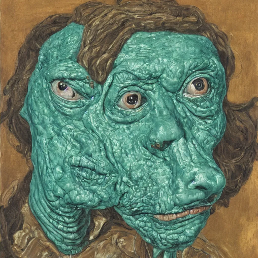 Image similar to high quality high detail painting by lucian freud, jenny savile, unsettling portrait of the lizard man, turquoise, hd