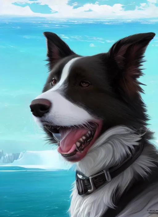 Image similar to beautiful portrait of a cute male anthropomorphic border collie fursona wearing a swimsuit in antarctica. character design by charlie bowater, henry asencio, and ross tran. scenic background, detailed, glamor pose, aesthetic, trending on artstation, top rated on furaffinity and deviantart