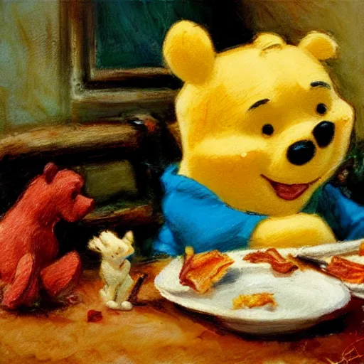 Image similar to close up of winnie the pooh eating bacon sandwich, cinematographic shot, by daniel f. gerhartz