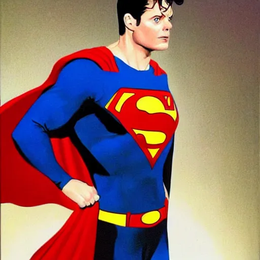 Prompt: michael j fox as superman, painted by alex ross