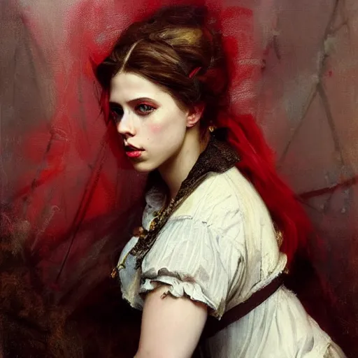 Image similar to solomon joseph solomon and richard schmid and jeremy lipking victorian genre painting portrait painting of a young beautiful scarlet johansson traditional german french actress model pirate wench in fantasy costume, red background