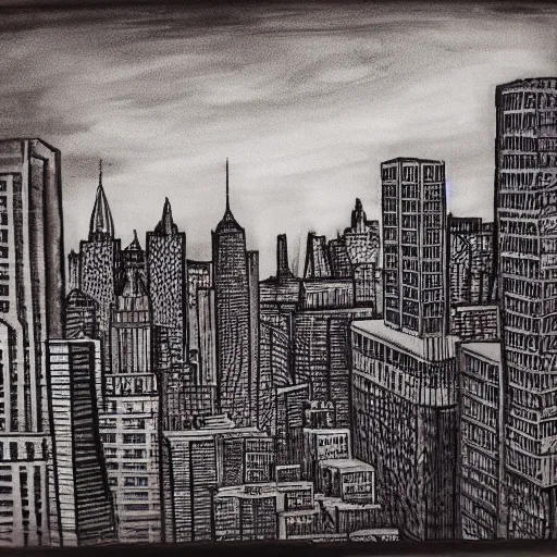 Prompt: downtown manhattan at sunrise. detailed ink wash