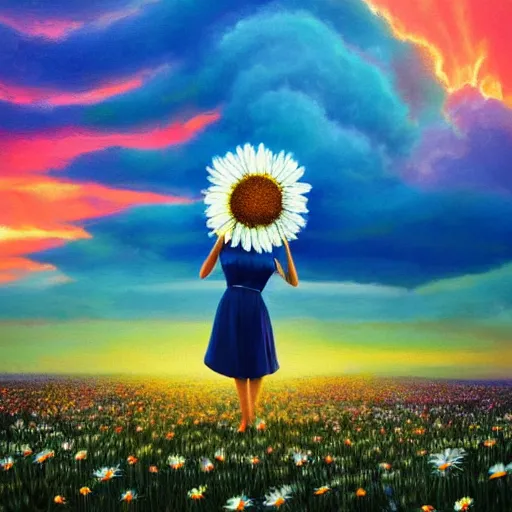 Prompt: giant daisy flower as head, full body girl dancing in a flower field, surreal photography, sunrise, dramatic light, impressionist painting, colorful clouds, digital painting, artstation, simon stalenhag