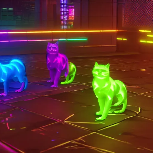 Prompt: fluorescent and iridescent, neon kittens cyperpunk 2 0 7 7, unreal engine 5, 8 k ultra realistic, hyperdetailed, volumetric lighting, extremely high quality