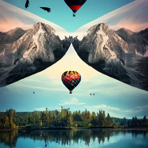 Image similar to photo of two black swans swimming in a beautiful reflective mountain lake, touching heads, forming a heart with their necks, a colorful hot air balloon is flying above the swans, hot air balloon, intricate, 8k highly professionally detailed, HDR, CGsociety