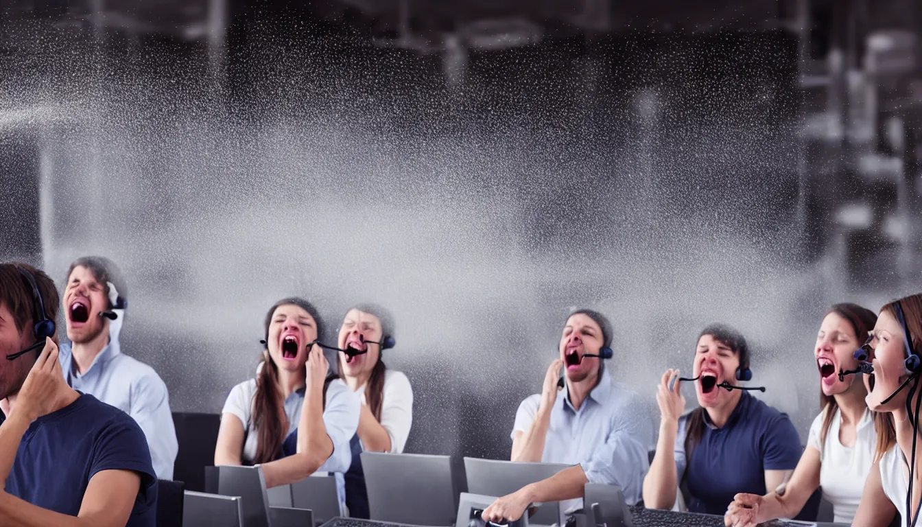 Prompt: hyper realistic photo of the interior of a call centre, a weathered young man, women, laughter and screaming face, feedback loop, burst of powders, spraying liquid, volumetric lighting, twisting vapour, bellowing dust, full colour, upscale, 8 k