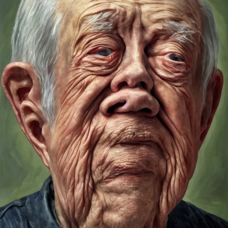 Prompt: hyperrealistic close up studio portrait of aging old Jimmy Carter age 103 wrinkled sorrowful, oil painting by Ivan Albright and Lucian Freud and Ron Mueck, trending on artstation Studio lighting hyperrealism