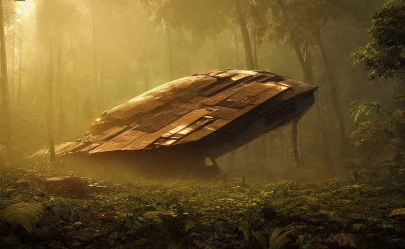 Prompt: a giant derelict crashed spaceship in a beautiful dense rainforest, foggy atmosphere, sharp details, photorealistic, octane render, golden hour, cinematic lighting, immense scale